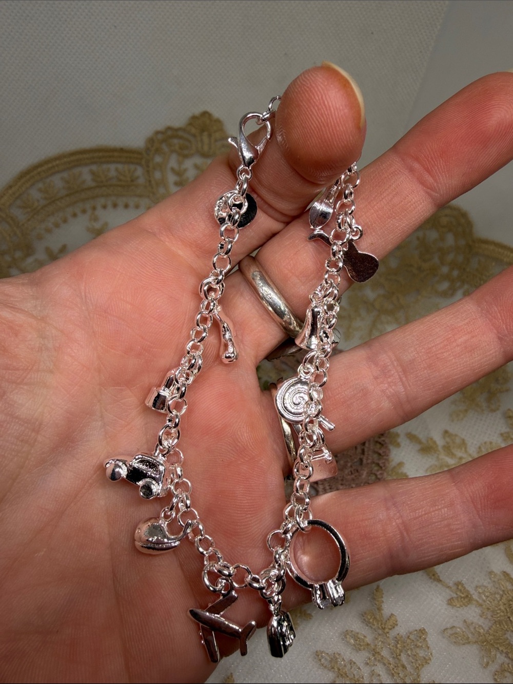 925 Sterling Silver Story Charm Bracelet Handbag Heels Travel Guitar Lollipop